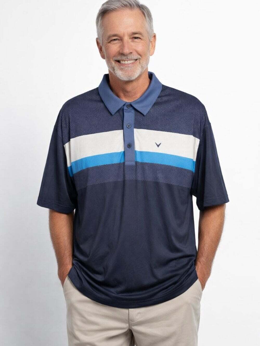 Callaway Navy White Aqua Stripe Polo Shirt Golf Performance Men Large